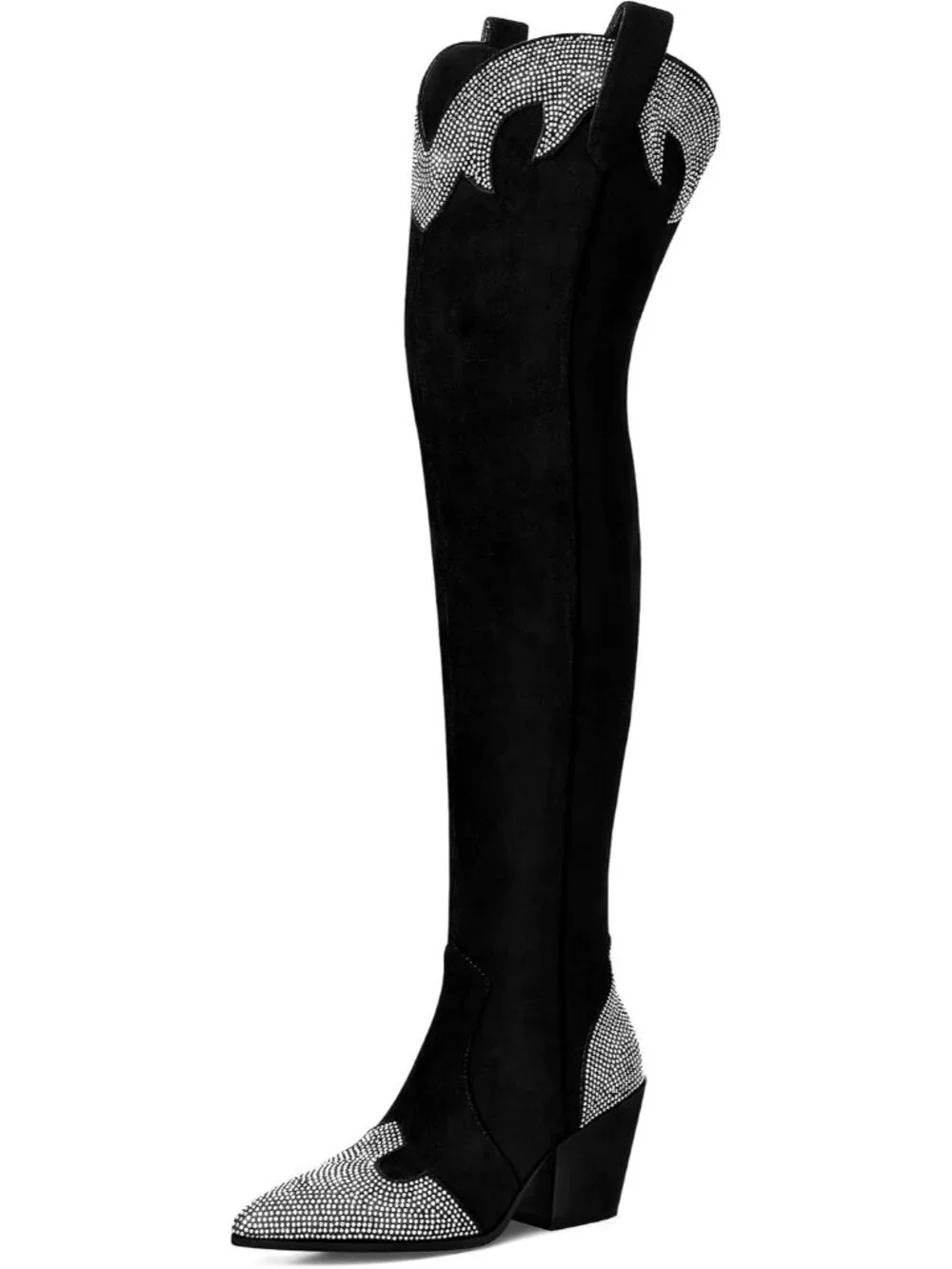Women's Black Suede Rhinestone Pointed Toe Chunky Heels Over The Knee High Boots
